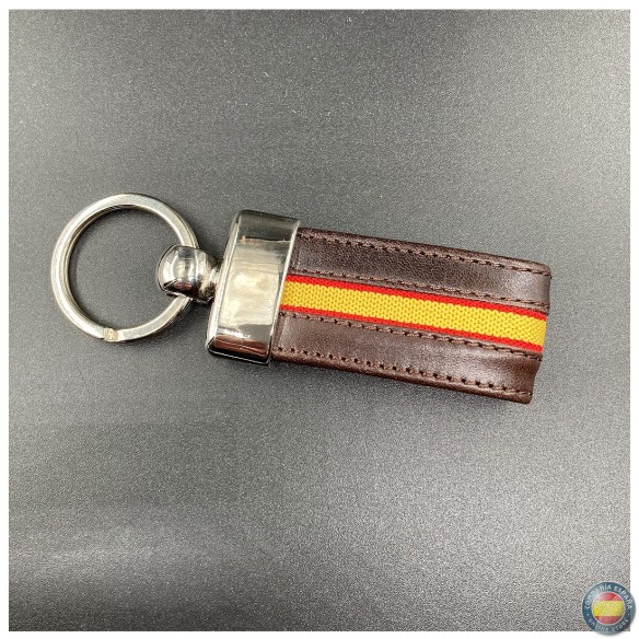 llavero de piel marrón con cinta elástica Bandera de España