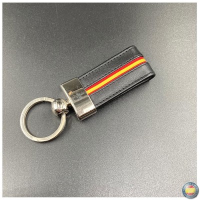 Llavero de piel negro con cinta elástica Bandera de España
