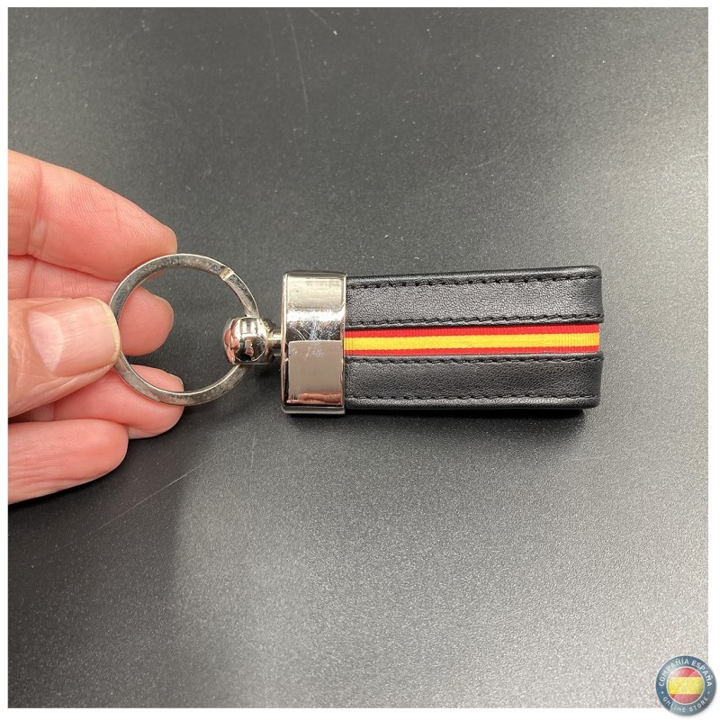 Llavero de piel negro con cinta elástica Bandera de España