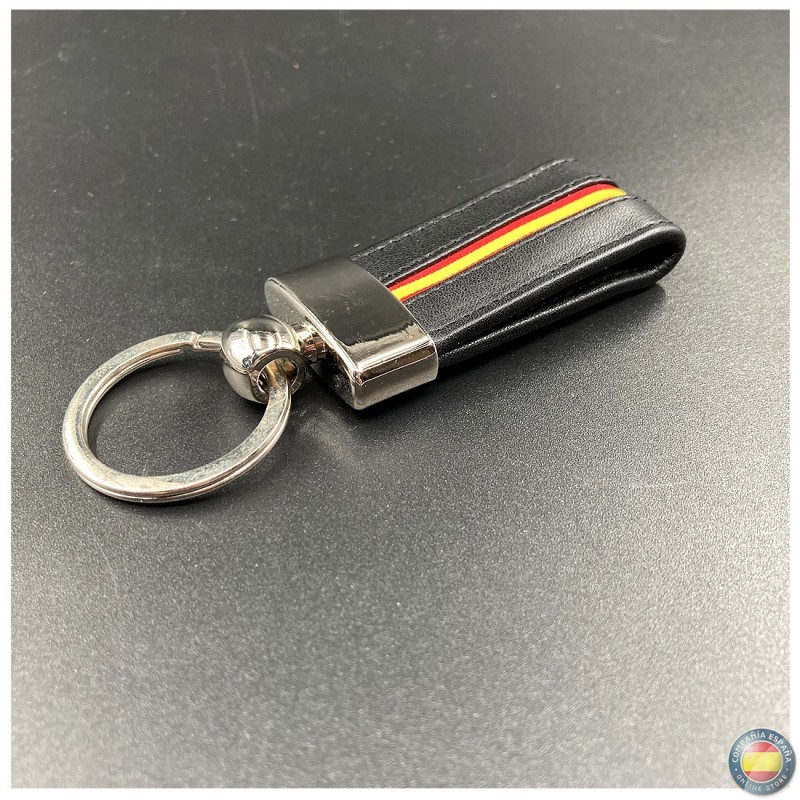 Llavero de piel negro con cinta elástica Bandera de España